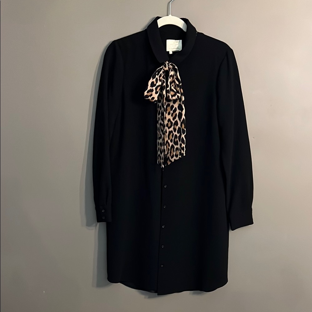 kate spade Black Long Sleeve Shirt Dress with Leopard Tie
